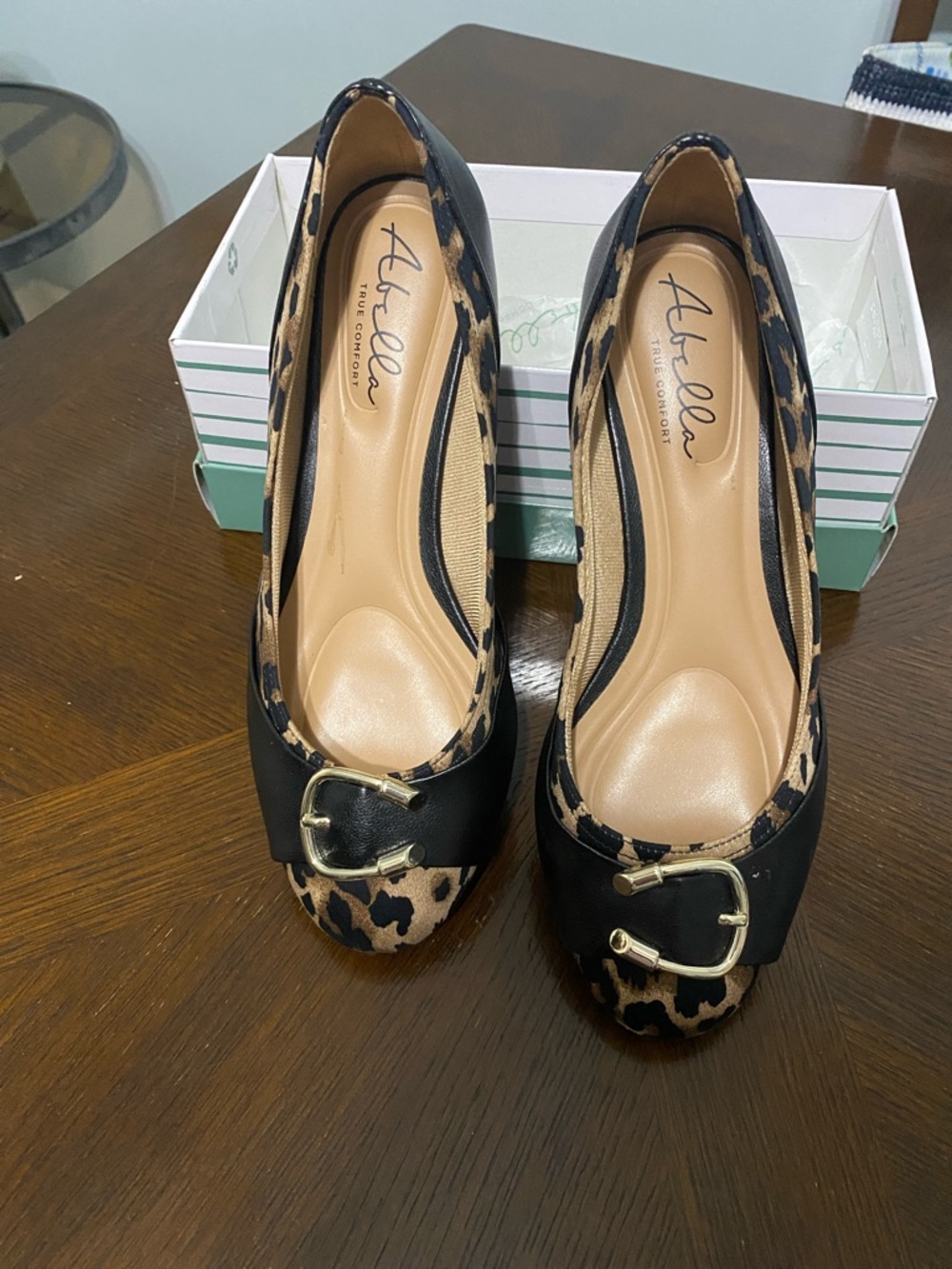 Like New! Abella Leopard-Print Flats with Black Trim and Gold Buckle Accent